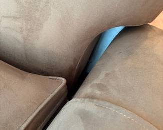 C81 - $10. Brown Suede Barca Lounger Swivel Recliner. Fair Condition. Seat spring and left arm are broken. Measures 38" wide x 36" deep x 38" tall.
