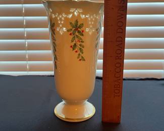 C104 - $110. Lenox Holiday China Set. 12 - 8" plates. 12 - drinking glasses. 1 cookie jar, vase, serving bowl, serving plate, 11.75" serving plate, 10.5" serving plate, 8" serving plate, 1 candle holder.