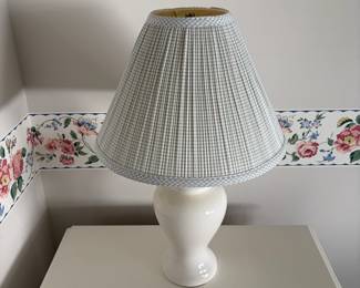C59 - $30. PAIR of White Table Lamps. Measures 22" tall. Shades are in ok condition.