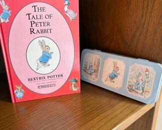 C51 - $40. 10 Piece Beatrix Potter / Peter Rabbit LOT. Cross Stitch, music box, Beswick Figurine, Royal Albert, Wedgwood, etc.