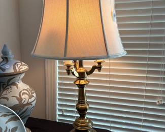 C73 - $60. Brass Candelabra Style Stiffel Lamp. 4 Bulbs. Needs new shade! Measures 33" tall.