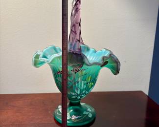 C66 - $75. Fenton New Century XXI Collection 10" Amethyst & Green Flower Dragonfly Basket. No issues noted.
