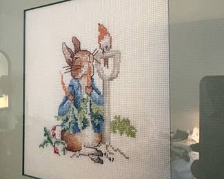C51 - $40. 10 Piece Beatrix Potter / Peter Rabbit LOT. Cross Stitch, music box, Beswick Figurine, Royal Albert, Wedgwood, etc.