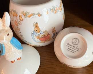 C51 - $40. 10 Piece Beatrix Potter / Peter Rabbit LOT. Cross Stitch, music box, Beswick Figurine, Royal Albert, Wedgwood, etc.