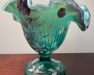 C66 - $75. Fenton New Century XXI Collection 10" Amethyst & Green Flower Dragonfly Basket. No issues noted.