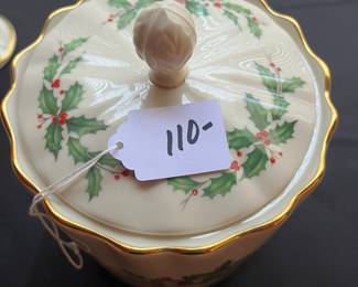 C104 - $110. Lenox Holiday China Set. 12 - 8" plates. 12 - drinking glasses. 1 cookie jar, vase, serving bowl, serving plate, 11.75" serving plate, 10.5" serving plate, 8" serving plate, 1 candle holder.