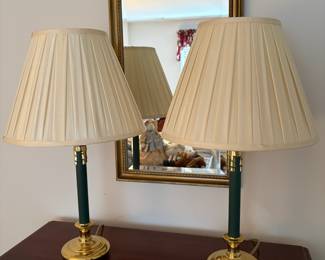 C50 - $50. PAIR of Brass Lamps with Emerald Green Poles. Measures 27" tall.
