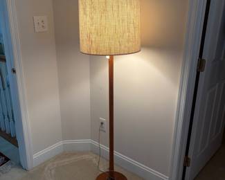 C33 - $175. MCM Teak Wood Base Floor Lamp. Measures 60" tall. Has original shade that is in fair condition.