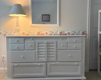 C20 - $225. Broyhill Seabrooke Dresser and Mirror. Measures 58" wide x 19.75" deep x 35" tall.