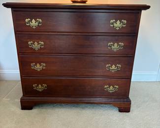 C34 - $125. 4 Drawer Wood Night Stand / Small Dresser. Measures 36" wide x 21" deep x 34" tall. No brand. Good condition. Has one minor ding in the top and some surface scratches.