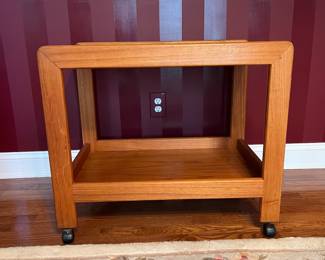 C31 - $125. Two Tiered Bar Cart. Solid Wood. No name / tag. Measures 30" x 19.75" x 25.75".