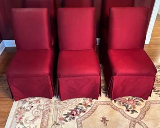 C28 - $100. Set of 6 Upholstered Dining Chairs from Sofa's & Such. 2 have sun fading and some have discoloration spots. Measures 19.25" wide x 21" deep. Floor to seat is 17.5". Floor to top of back is 36".