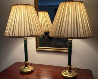 C50 - $50. PAIR of Brass Lamps with Emerald Green Poles. Measures 27" tall.