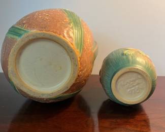 C120 - $75. Roseville Jonquil Pottery Vase. 7.5" tall. C121 - $25. Stamped Roseville USA 978-4. White Rose Pattern.