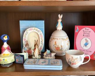 C51 - $40. 10 Piece Beatrix Potter / Peter Rabbit LOT. Cross Stitch, music box, Beswick Figurine, Royal Albert, Wedgwood, etc.