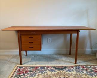 C18 - $650. Arne Vodder for H. Sigh & Sons. Teak Drop Leaf Writing Desk. Measures 48" x 23.5" x 28" tall. (65" with leaf up) Needs minor repairs and has light surface blemishes.