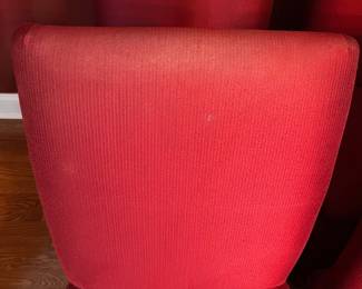 C28 - $100. Set of 6 Upholstered Dining Chairs from Sofa's & Such. 2 have sun fading and some have discoloration spots. Measures 19.25" wide x 21" deep. Floor to seat is 17.5". Floor to top of back is 36".