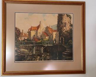 C25 - $50. Pierre Chatillon Signed etching of a Canal. Measures 29.5" x 33" framed.