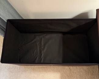 C56 - $30. FHE Storage Bench with Padded Lid. Like new, brown faux leather. Measures 31.5" x 16" x 16" tall.