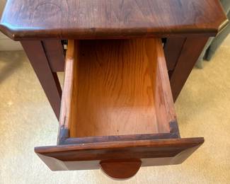 C54 - $40. Solid Wood Side Table in good condition. Has a scratched area on the top towards the front. Measures 17.5" x 22" deep x 27" tall.