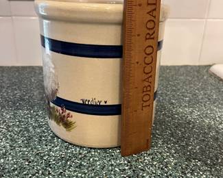 C117 - $30. Robinson Ransbottom Pottery Crock with Sheep Painting by Verdier (used as utensil crock)