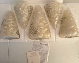C67 - $30. Valerie 5 White Glitter Lighted Trees, have a timer, in original box, never used. Trees are 5.5" -8".
