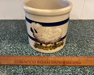 C117 - $30. Robinson Ransbottom Pottery Crock with Sheep Painting by Verdier (used as utensil crock)