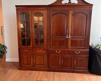 C3 - $150 for the pair. Pennsylvania House TV Cabinet. Moves in 2 pieces. (willing to split if I have interest) Larger part holding the TV is 48" wide x 24" deep x 88" tall. (TV space measures 37.5" x 43" tall and is currently holding a 40" TV.) Smaller cabinet with adjustable glass shelves measures 36" wide x 18" deep x 78" tall.