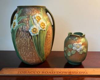 C120 - $75. Roseville Jonquil Pottery Vase. 7.5" tall. C121 - $25. Stamped Roseville USA 978-4. White Rose Pattern.