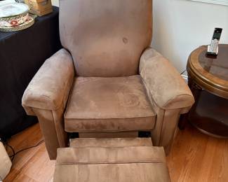 C82 - $30. Brown Suede Barca Lounger Swivel Recliner. Fair Condition. Not broken but leans. Measures 38" wide x 36" deep x 38" tall.