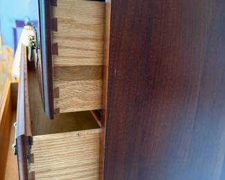 C34 - $125. 4 Drawer Wood Night Stand / Small Dresser. Measures 36" wide x 21" deep x 34" tall. No brand. Good condition. Has one minor ding in the top and some surface scratches.