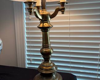 C73 - $60. Brass Candelabra Style Stiffel Lamp. 4 Bulbs. Needs new shade! Measures 33" tall.