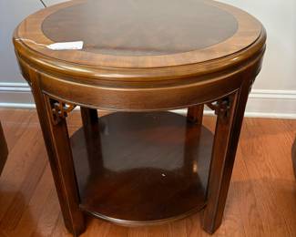 C86 - $60. Drexel Round Side Table. Very good condition with some wear on top. Measures 24" round x 22.5" tall.