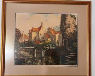 C25 - $50. Pierre Chatillon Signed etching of a Canal. Measures 29.5" x 33" framed.