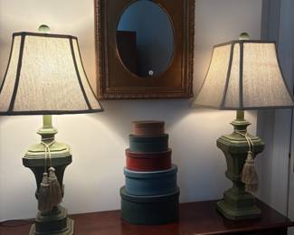 C96 - $50. Pair of Green & Gold Table Lamps. Measures 31" tall.