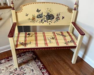 C111 - $225. Painted Bunny Bench. Measures 48.5" x 21" 43.75" tall. Floor to seat 19.5".