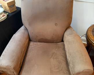 C82 - $30. Brown Suede Barca Lounger Swivel Recliner. Fair Condition. Not broken but leans. Measures 38" wide x 36" deep x 38" tall.