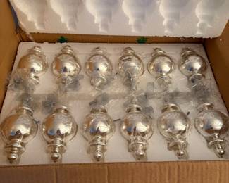 C87 - $40. Mercury Glass Silver Ornaments by Valerie. Set of 12. 6" tall.