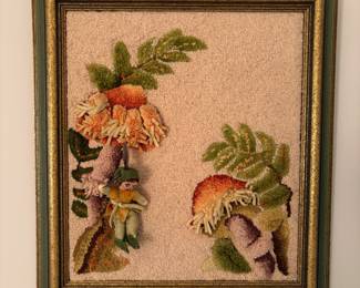 C17 - $30. 3D Textile Art. Measures 14" x 15" framed. 1968 County Fair Ribbon Attached.