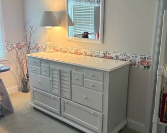 C20 - $225. Broyhill Seabrooke Dresser and Mirror. Measures 58" wide x 19.75" deep x 35" tall.