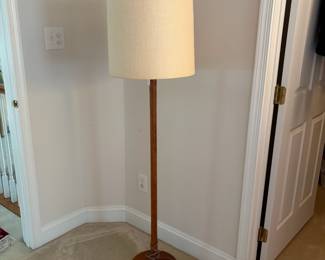 C33 - $175. MCM Teak Wood Base Floor Lamp. Measures 60" tall. Has original shade that is in fair condition.
