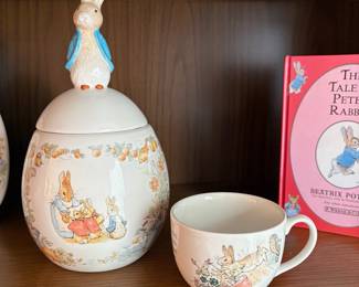 C51 - $40. 10 Piece Beatrix Potter / Peter Rabbit LOT. Cross Stitch, music box, Beswick Figurine, Royal Albert, Wedgwood, etc.