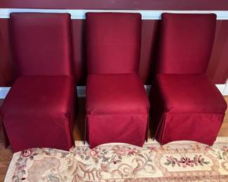 C28 - $100. Set of 6 Upholstered Dining Chairs from Sofa's & Such. 2 have sun fading and some have discoloration spots. Measures 19.25" wide x 21" deep. Floor to seat is 17.5". Floor to top of back is 36".