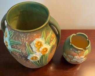 C120 - $75. Roseville Jonquil Pottery Vase. 7.5" tall. C121 - $25. Stamped Roseville USA 978-4. White Rose Pattern.