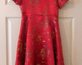 Childrens Red Brocade Dragon Print Cheongsam Dress