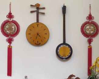 Chinese Ruanstyle Clock and BanjoStyle Instrument with Chinese Knots