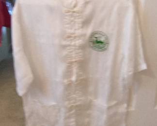 White Silk Mandarin Collar Shirt with Frog Closures and Embroidered Emblem