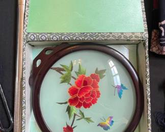 Vintage Silk Embroidery Art Panel with Peony and Butterflies in Wooden Frame