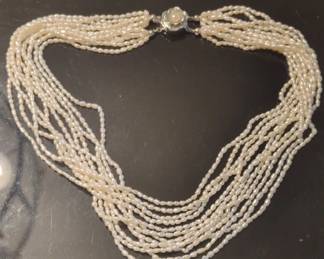 MultiStrand Seed Pearl Necklace with Ornate Floral Clasp