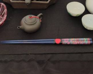 Japanese Style Ceramic Tea Set with Decorative Chopsticks